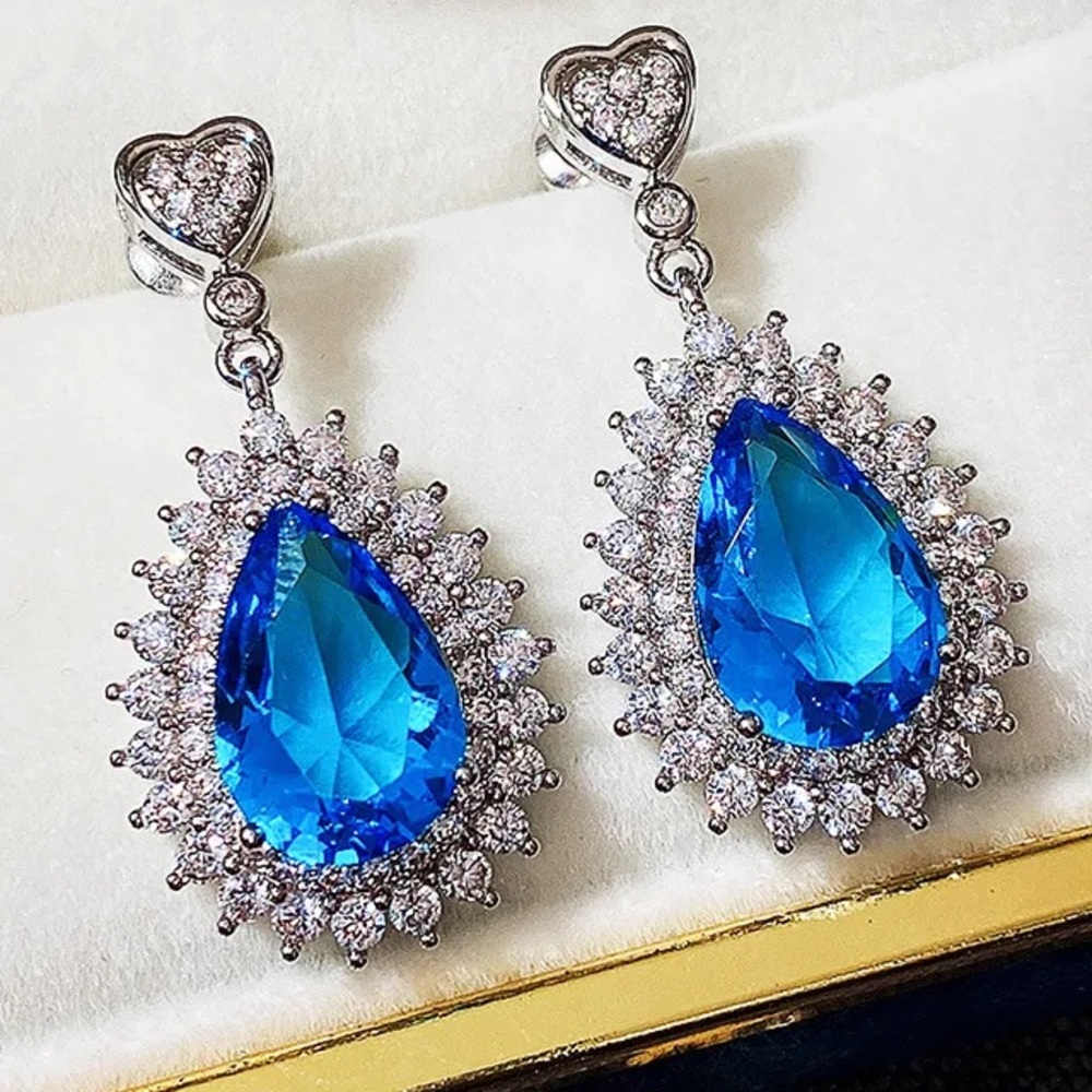 💙 Deep  Blue CZ Diamond Teardrop Halo  Heart Drop Earrings